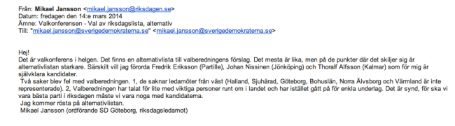 Det interna mejlet Mikael Jansson skickat inom partiet
