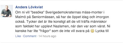 Här uppmanar Moderaten Anders Lövkvist RevFront till "besök" av Sverigedemokraterna