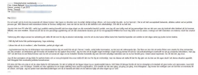 Mejlet är kraftigt censurerat då det innehållet flera känsliga personuppgifter.