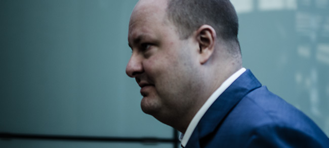 Expressens chefredaktör och ansvarige utgivare Thomas Mattsson var sammanbiten i rätten. Foto: Nyheter Idag
