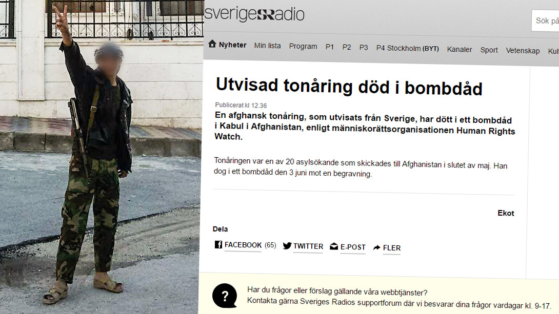Det ensamkommande afghanska flyktingbarnet poserar med vapen och gör segergest. Foto: Skärmdump/Blankspot