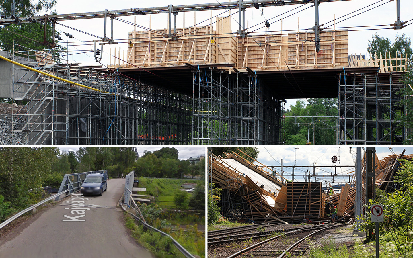 Brobygget innan raset idag. Gamla Kajbron och bild efter raset. Foto: Trafikverket/Google Maps