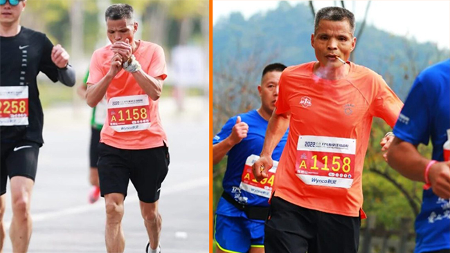 Kedjerökande kines sprang marathonlopp