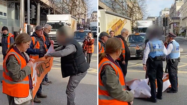 Tar banderoller från vägblockerande aktivister – konfronteras av polisen