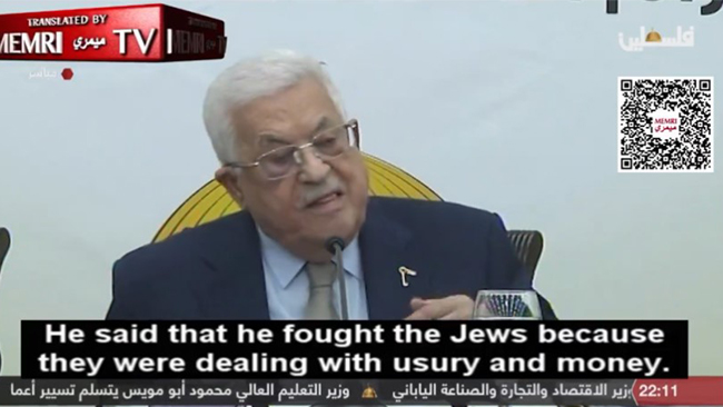 Palestinas president: Hitler ”bekämpade judarna för att de ägnade sig åt ocker”